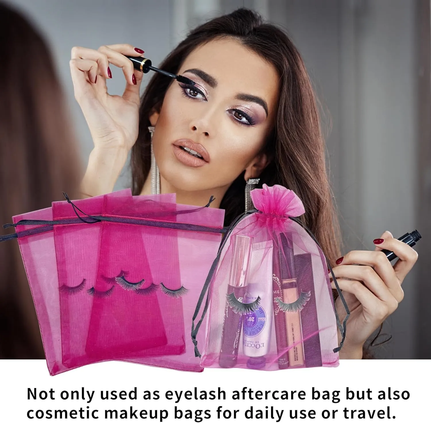 100 Pack Eyelash Aftercare Lash Bags for Clients Eye Lash Mesh Drawstring Makeup Bag Organza Cosmetic Beauty Gift Bag for Women Business Supplies (4 x 6 Inch, Rose Plus Black)