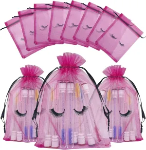 100 Pack Eyelash Aftercare Lash Bags for Clients Eye Lash Mesh Drawstring Makeup Bag Organza Cosmetic Beauty Gift Bag for Women Business Supplies (4 x 6 Inch, Rose Plus Black)