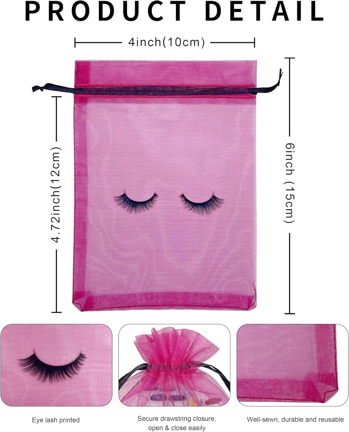 100 Pack Eyelash Aftercare Lash Bags for Clients Eye Lash Mesh Drawstring Makeup Bag Organza Cosmetic Beauty Gift Bag for Women Business Supplies (4 x 6 Inch, Rose Plus Black)
