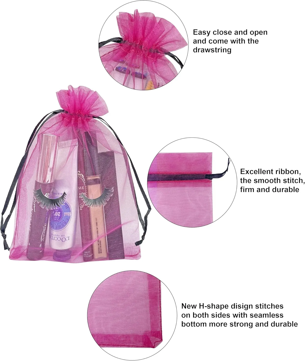 100 Pack Eyelash Aftercare Lash Bags for Clients Eye Lash Mesh Drawstring Makeup Bag Organza Cosmetic Beauty Gift Bag for Women Business Supplies (4 x 6 Inch, Rose Plus Black)