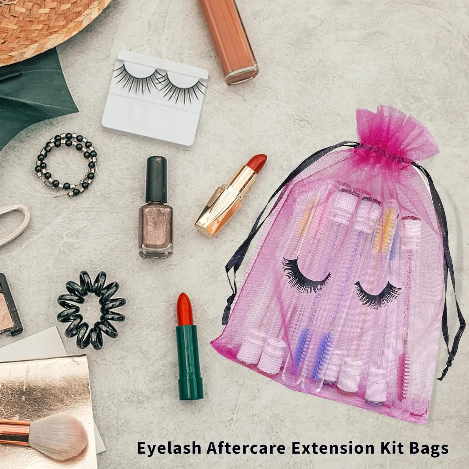 100 Pack Eyelash Aftercare Lash Bags for Clients Eye Lash Mesh Drawstring Makeup Bag Organza Cosmetic Beauty Gift Bag for Women Business Supplies (4 x 6 Inch, Rose Plus Black)
