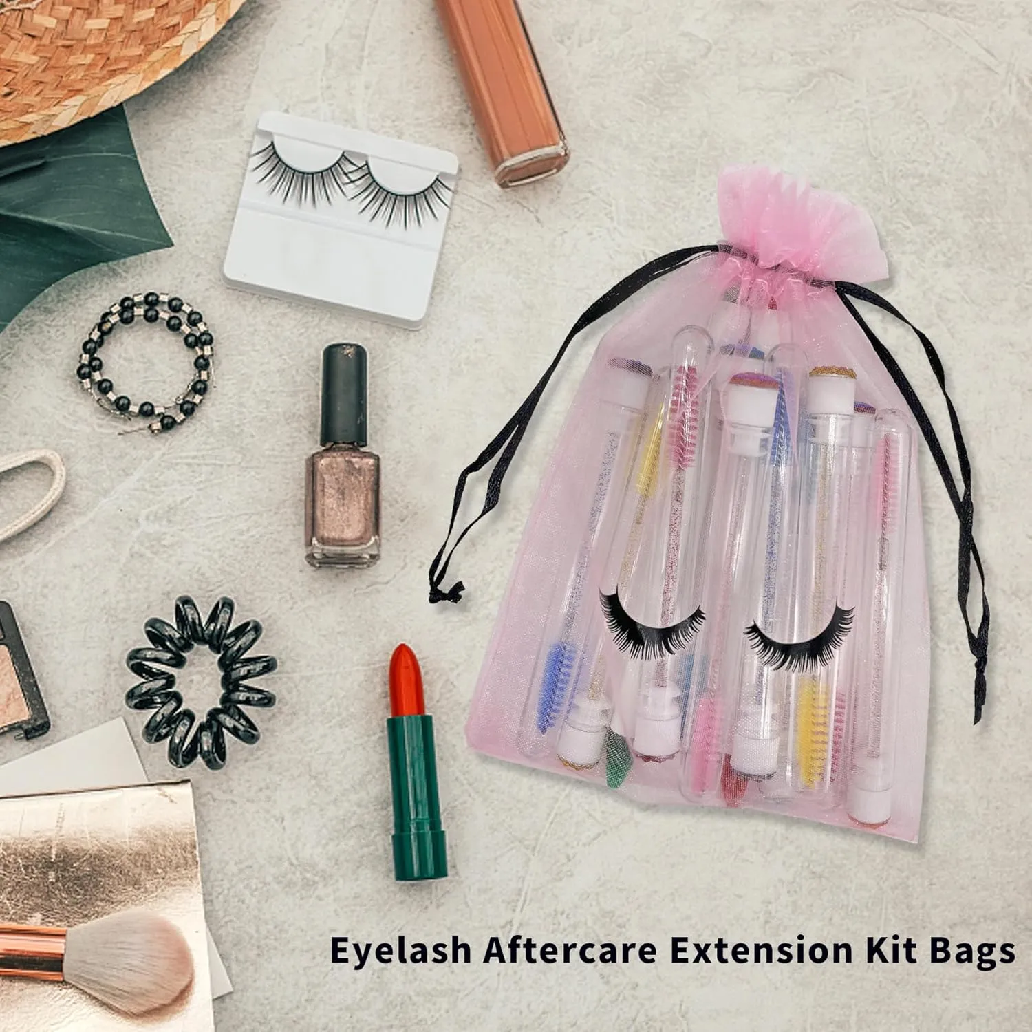 100 Pack Lash Bags for Clients Eyelash Aftercare Lash Extension Kit Bags Pink Mesh Makeup Bag with Drawstring Cosmetic Organza Gift Bag for Small Business Supplies