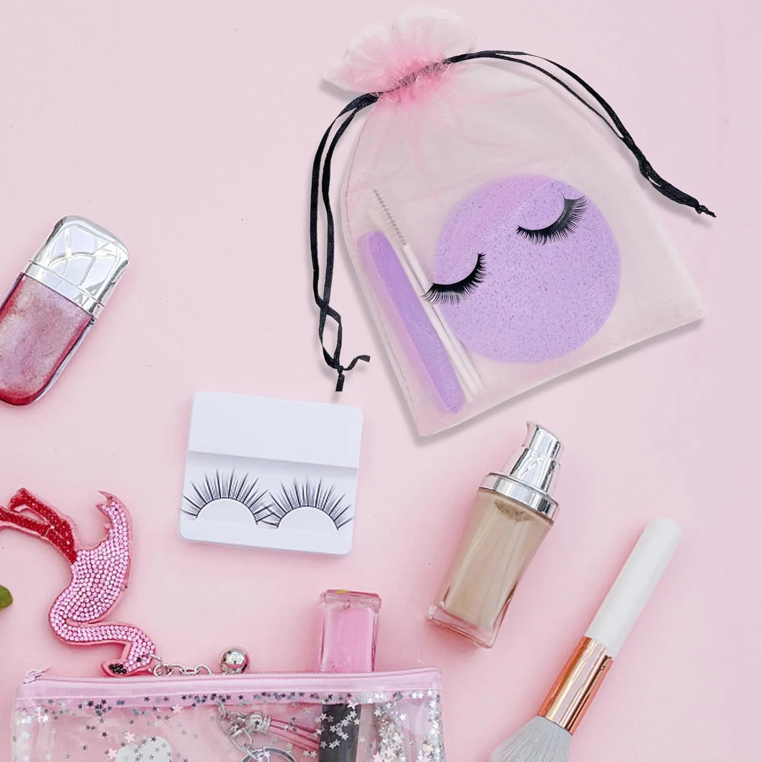 100 Pack Lash Bags for Clients Eyelash Aftercare Lash Extension Kit Bags Pink Mesh Makeup Bag with Drawstring Cosmetic Organza Gift Bag for Small Business Supplies