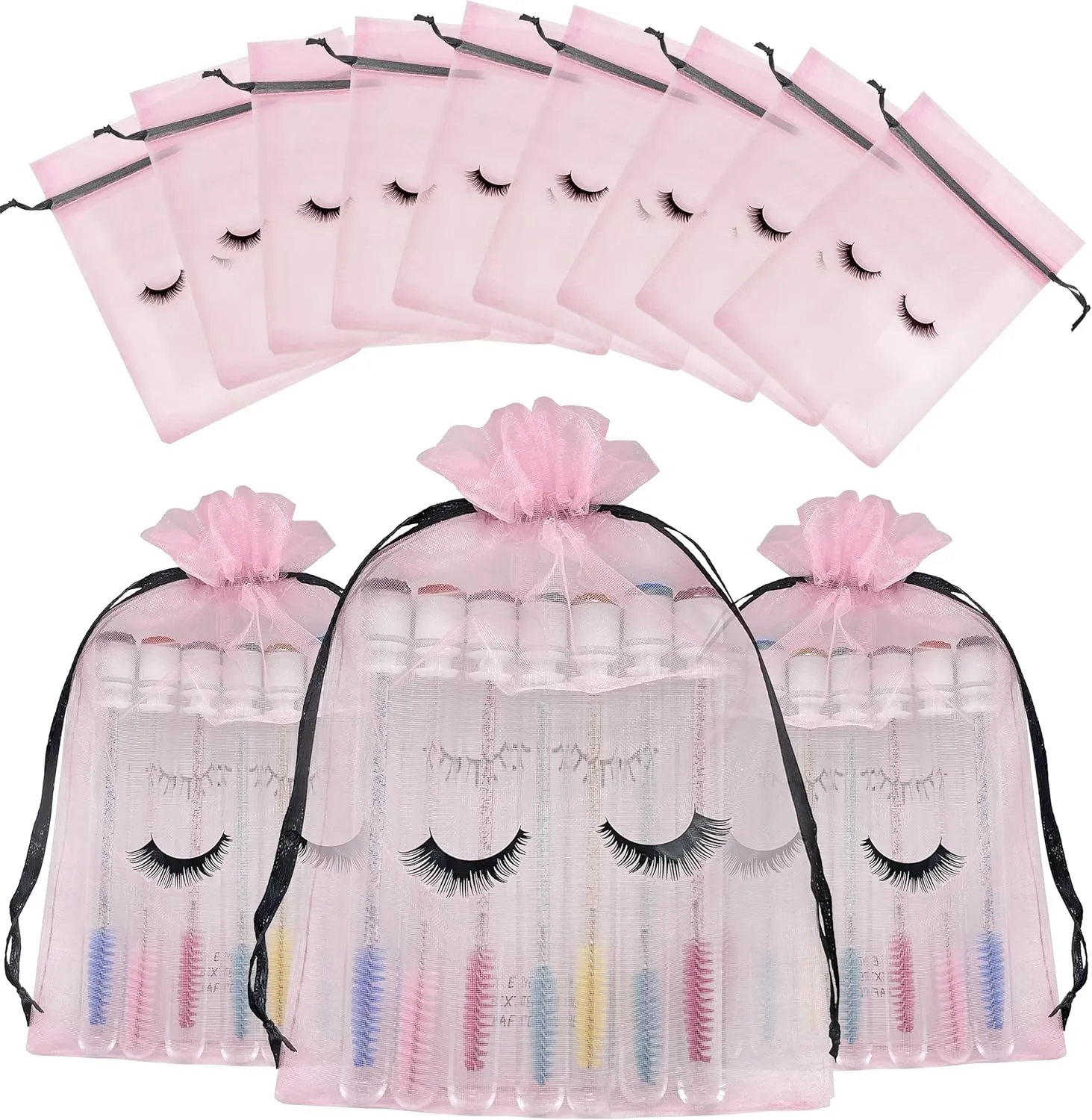 100 Pack Lash Bags for Clients Eyelash Aftercare Lash Extension Kit Bags Pink Mesh Makeup Bag with Drawstring Cosmetic Organza Gift Bag for Small Business Supplies