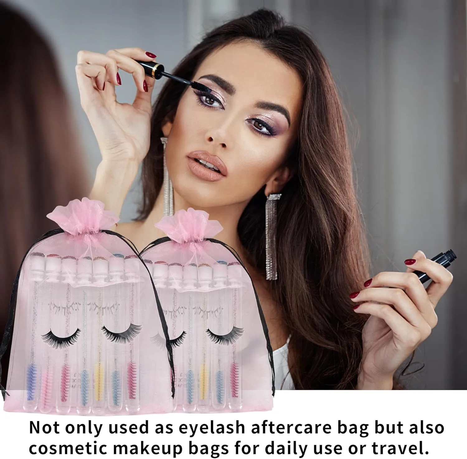 100 Pack Lash Bags for Clients Eyelash Aftercare Lash Extension Kit Bags Pink Mesh Makeup Bag with Drawstring Cosmetic Organza Gift Bag for Small Business Supplies