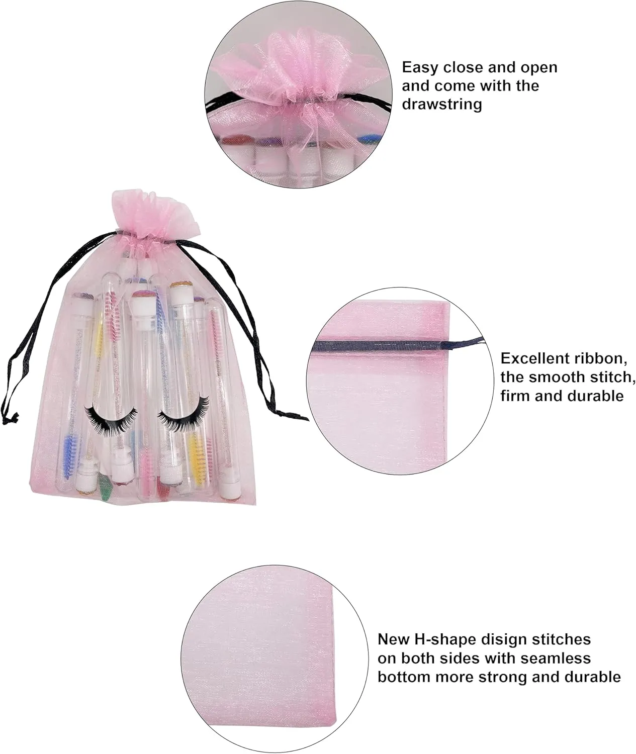 100 Pack Lash Bags for Clients Eyelash Aftercare Lash Extension Kit Bags Pink Mesh Makeup Bag with Drawstring Cosmetic Organza Gift Bag for Small Business Supplies
