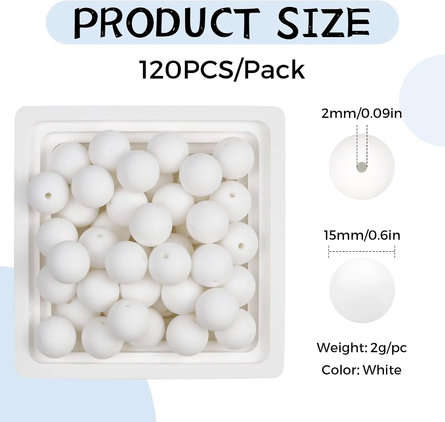 120PCS FIVEIZERO Silicone Beads, 15mm White Beads for Keychain Making Bulk Round Silicone Beads for Bracelet Necklace DIY Crafts Making (White)