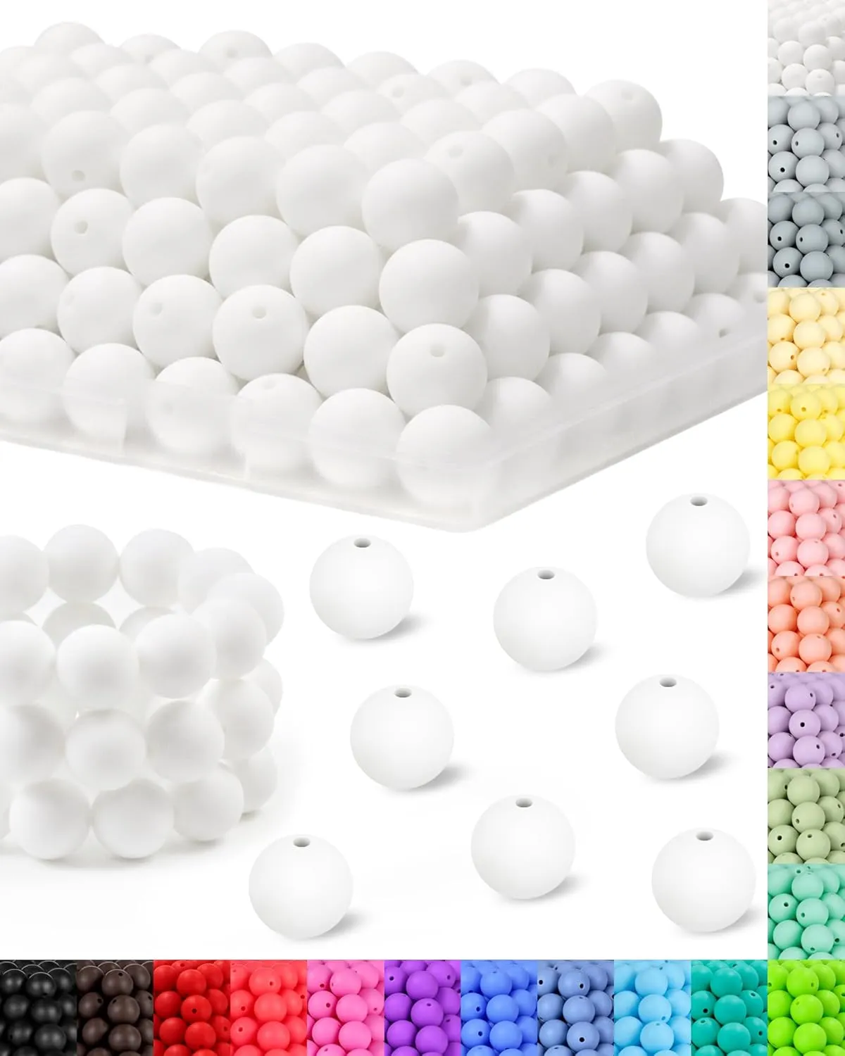 120PCS FIVEIZERO Silicone Beads, 15mm White Beads for Keychain Making Bulk Round Silicone Beads for Bracelet Necklace DIY Crafts Making (White)