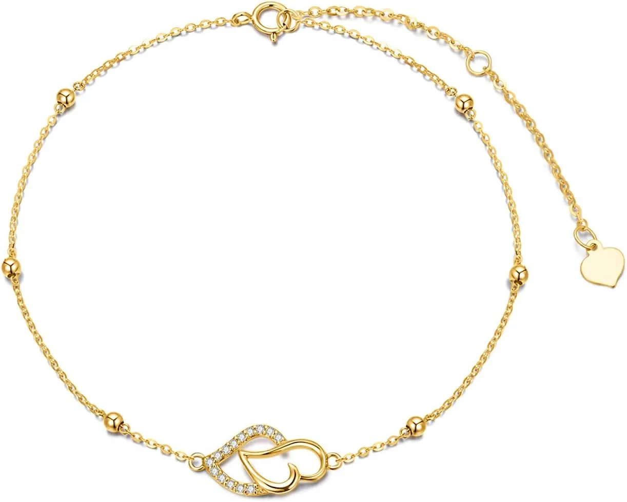 14K Gold Heart Anklet for Women, Real Gold Layered Ankle Bracelet with Cubic Zirconia Foot Jewelry for Her, 8''-10''
