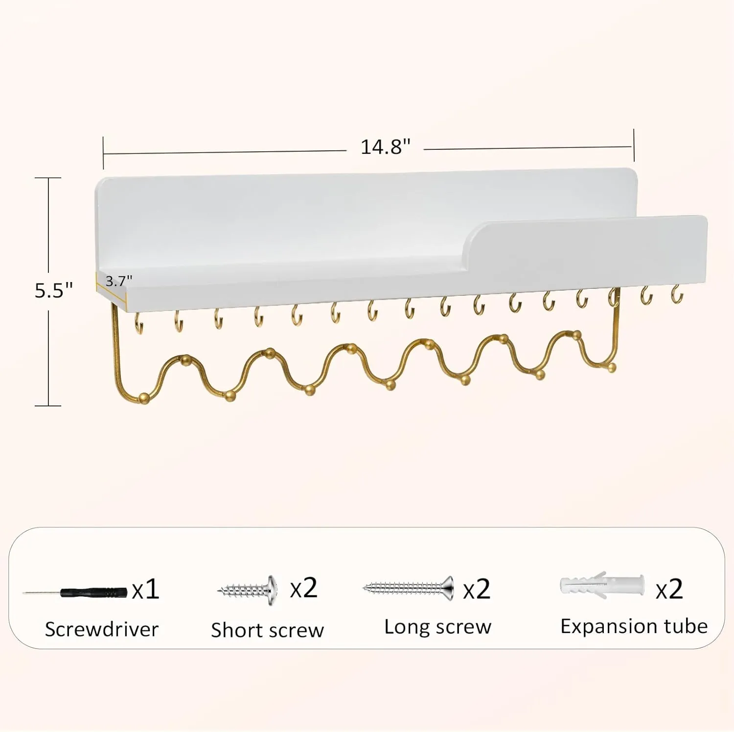 29 Hooks Wall Mount Necklace Holder Organizer, White Decorative Wood Jewelry Shelf with Gold Metal Wave Bar and Guardrail for Necklace, Pendant, Chain, Bracelet, White