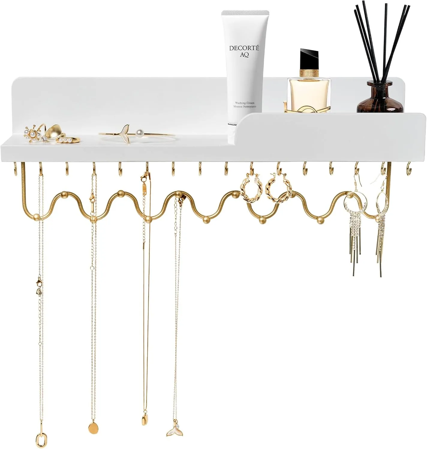 29 Hooks Wall Mount Necklace Holder Organizer, White Decorative Wood Jewelry Shelf with Gold Metal Wave Bar and Guardrail for Necklace, Pendant, Chain, Bracelet, White