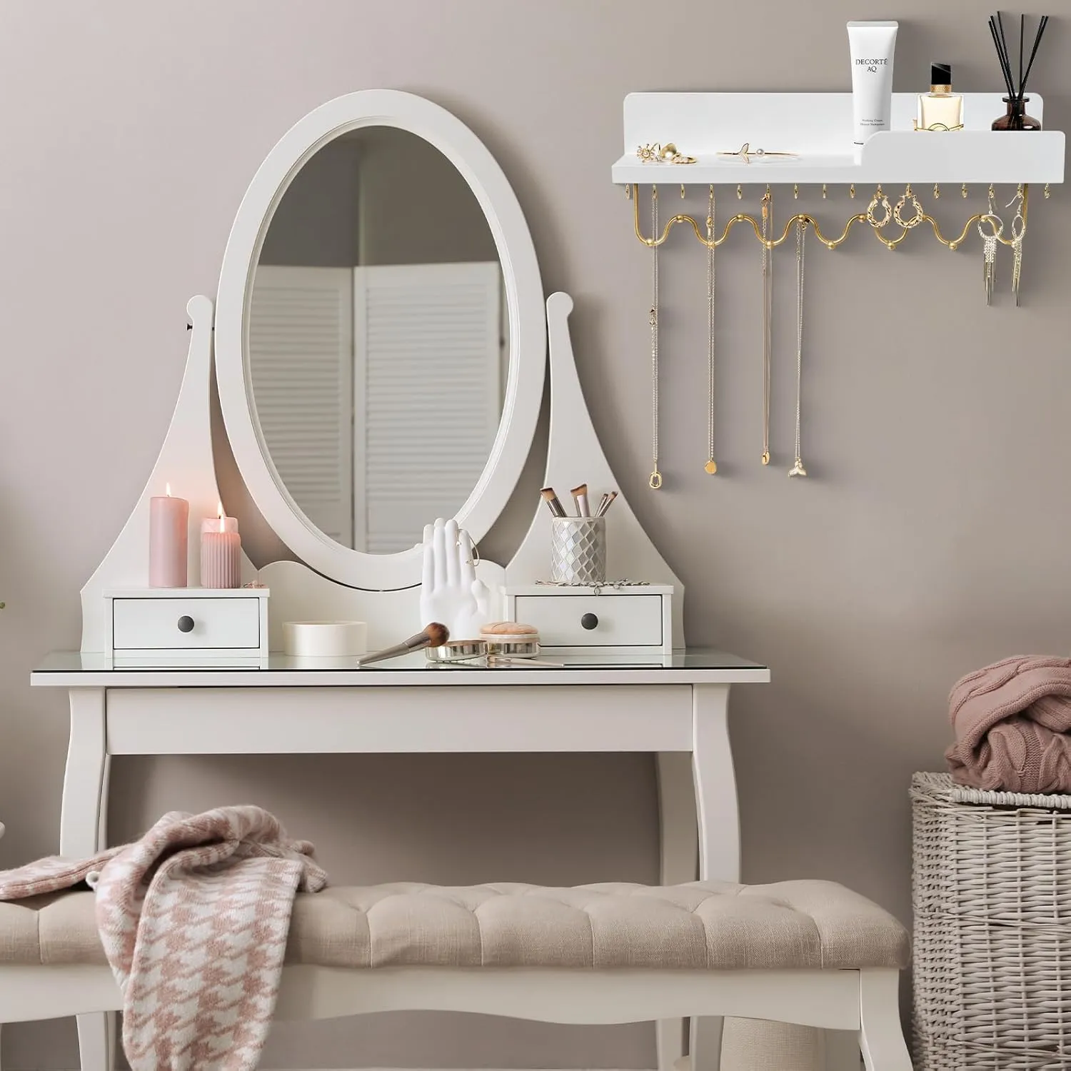29 Hooks Wall Mount Necklace Holder Organizer, White Decorative Wood Jewelry Shelf with Gold Metal Wave Bar and Guardrail for Necklace, Pendant, Chain, Bracelet, White