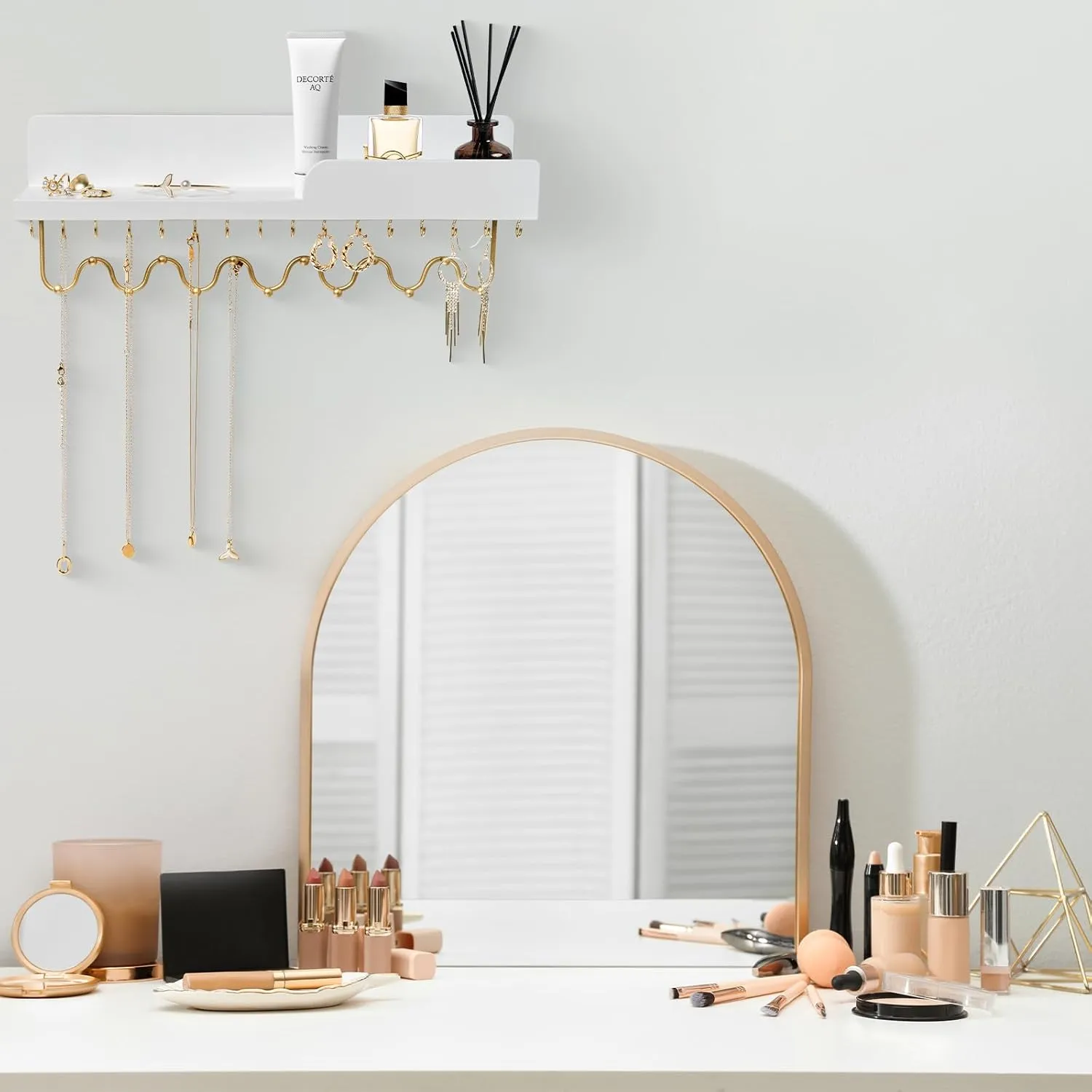 29 Hooks Wall Mount Necklace Holder Organizer, White Decorative Wood Jewelry Shelf with Gold Metal Wave Bar and Guardrail for Necklace, Pendant, Chain, Bracelet, White