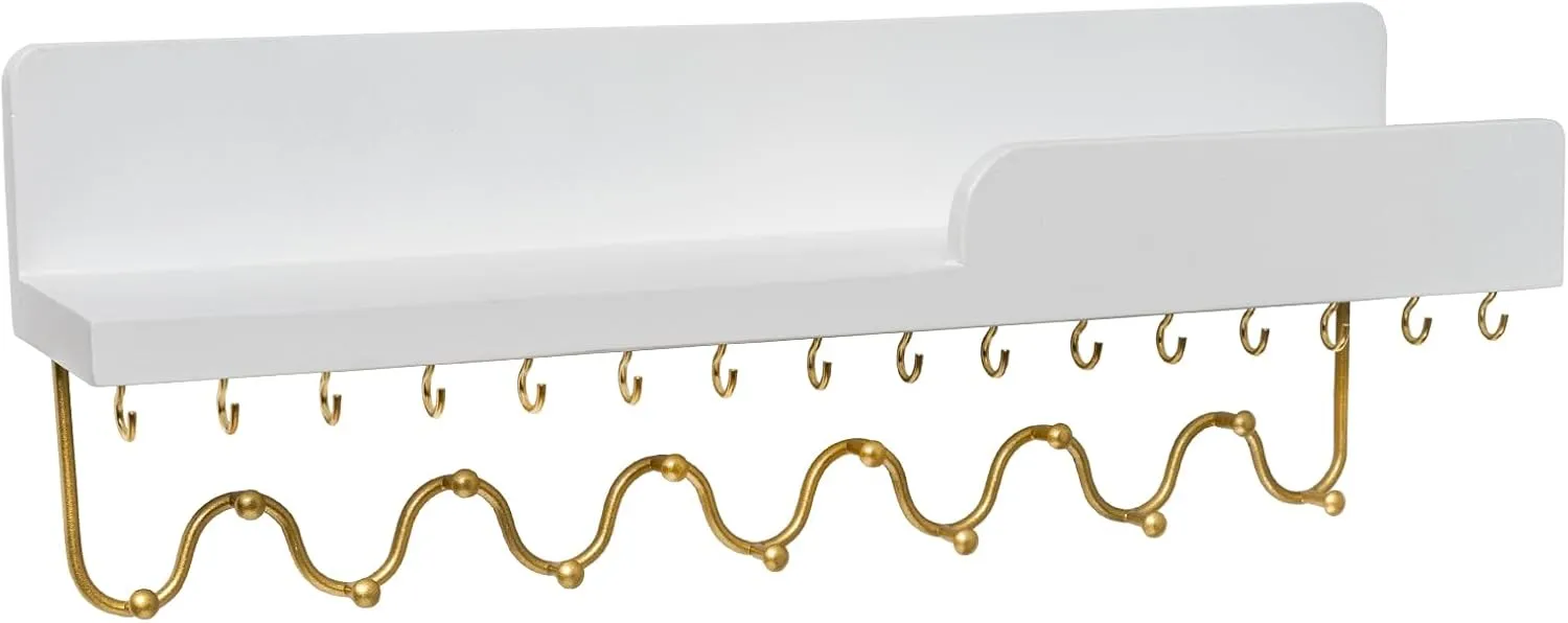 29 Hooks Wall Mount Necklace Holder Organizer, White Decorative Wood Jewelry Shelf with Gold Metal Wave Bar and Guardrail for Necklace, Pendant, Chain, Bracelet, White