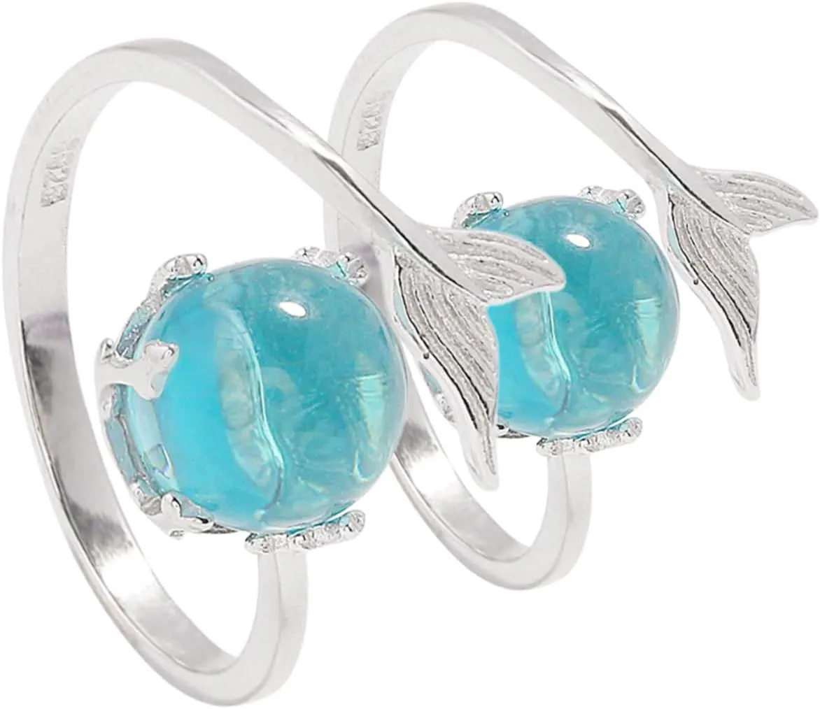 2pcs Adjustable Crystal Mermaid Band Rings Open Fish Design Charming Knuckle Jewelry for Women Romantic Decorative Finger Rings