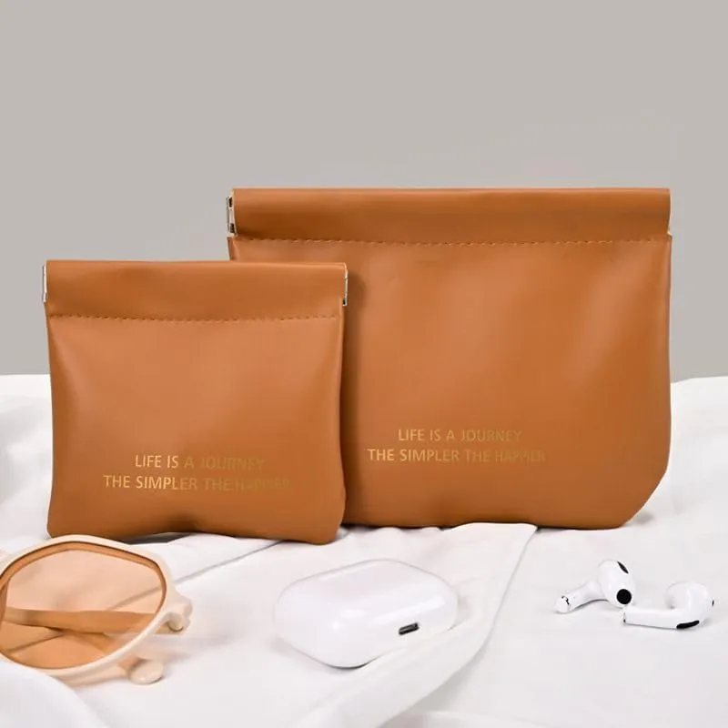 2pcs Cosmetic Storage Pouch - Small Leather Jewelry & Makeup Bag - Portable Mini Wallet & Sanitary Napkin Bag - Self-closing - Black