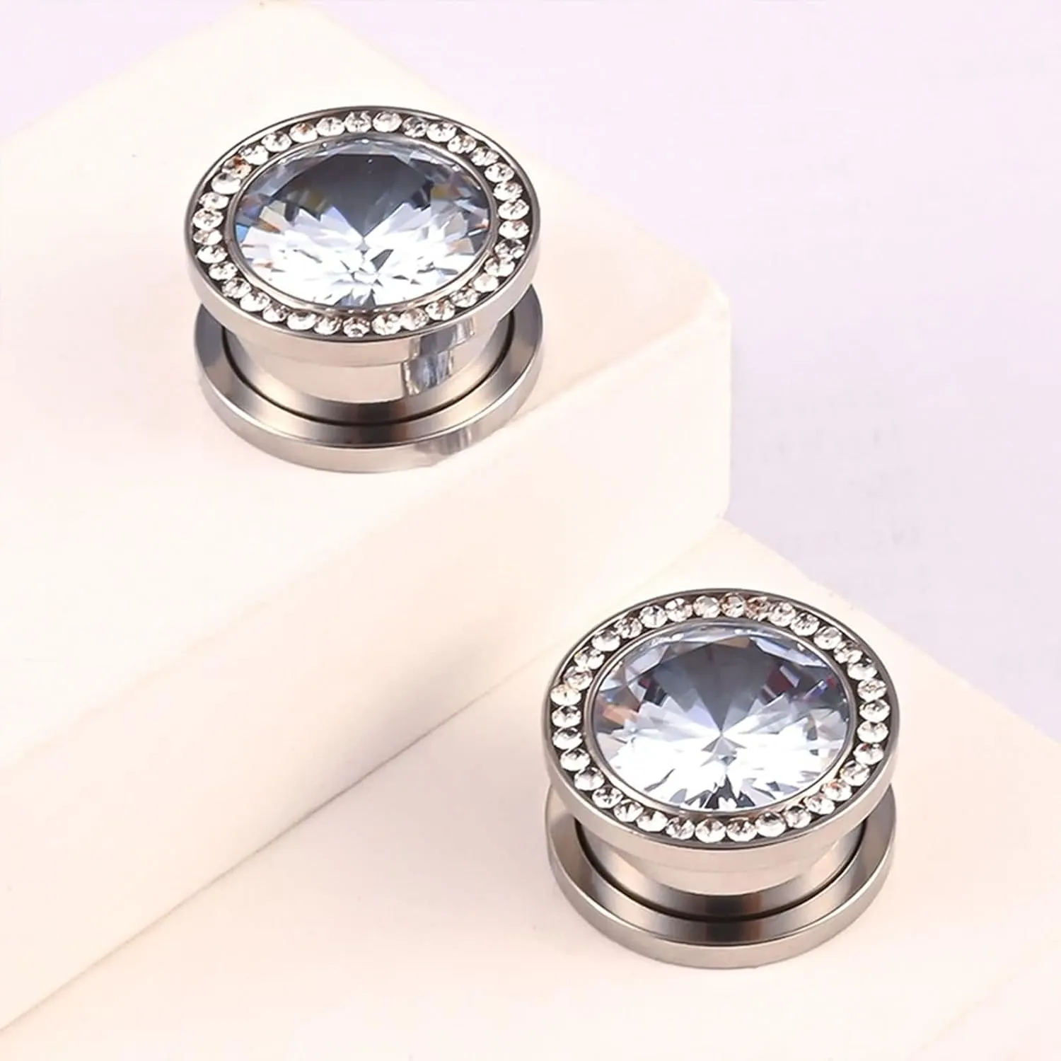 2Pcs Ear Gauge Kit, Stainless Steel Gage Starter Kits Round With Cubic Zirconia Piercing Tunnels