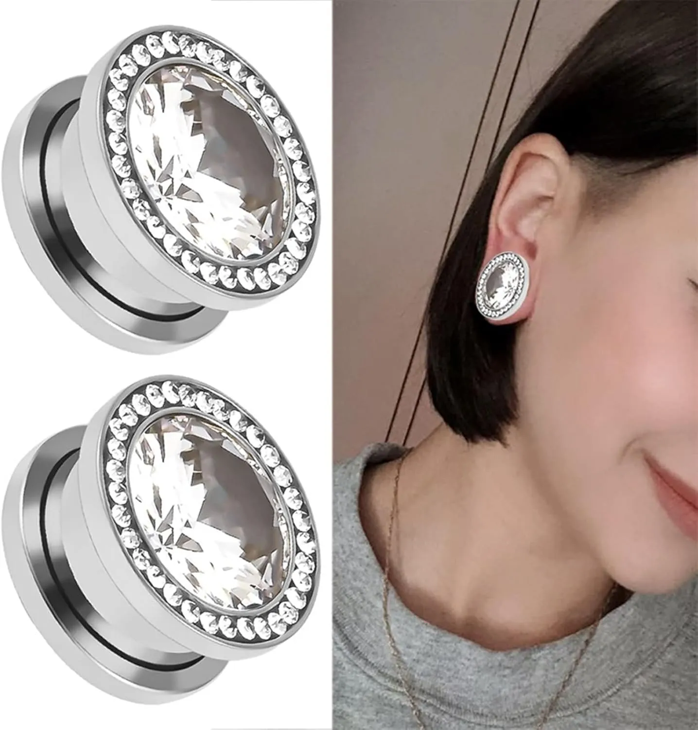 2Pcs Ear Gauge Kit, Stainless Steel Gage Starter Kits Round With Cubic Zirconia Piercing Tunnels