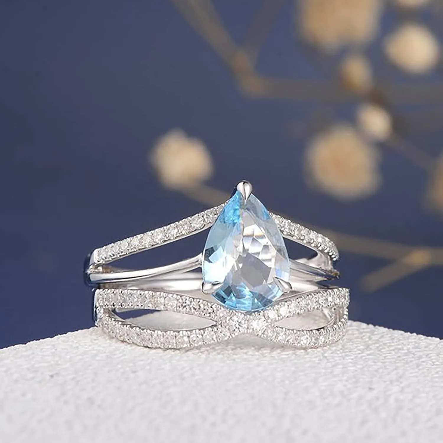 2PCS Simulated Diamond Ring Set for Women Zircon Stackable Rings Bride Wedding Band (Light Blue, 9)