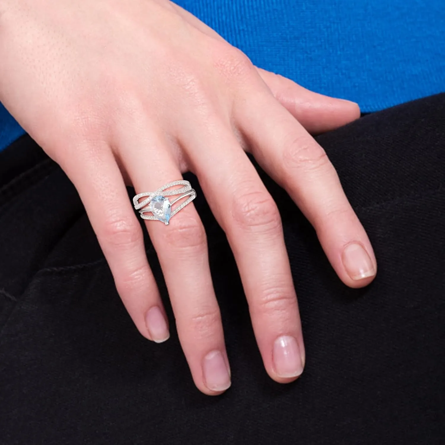 2PCS Simulated Diamond Ring Set for Women Zircon Stackable Rings Bride Wedding Band (Light Blue, 9)