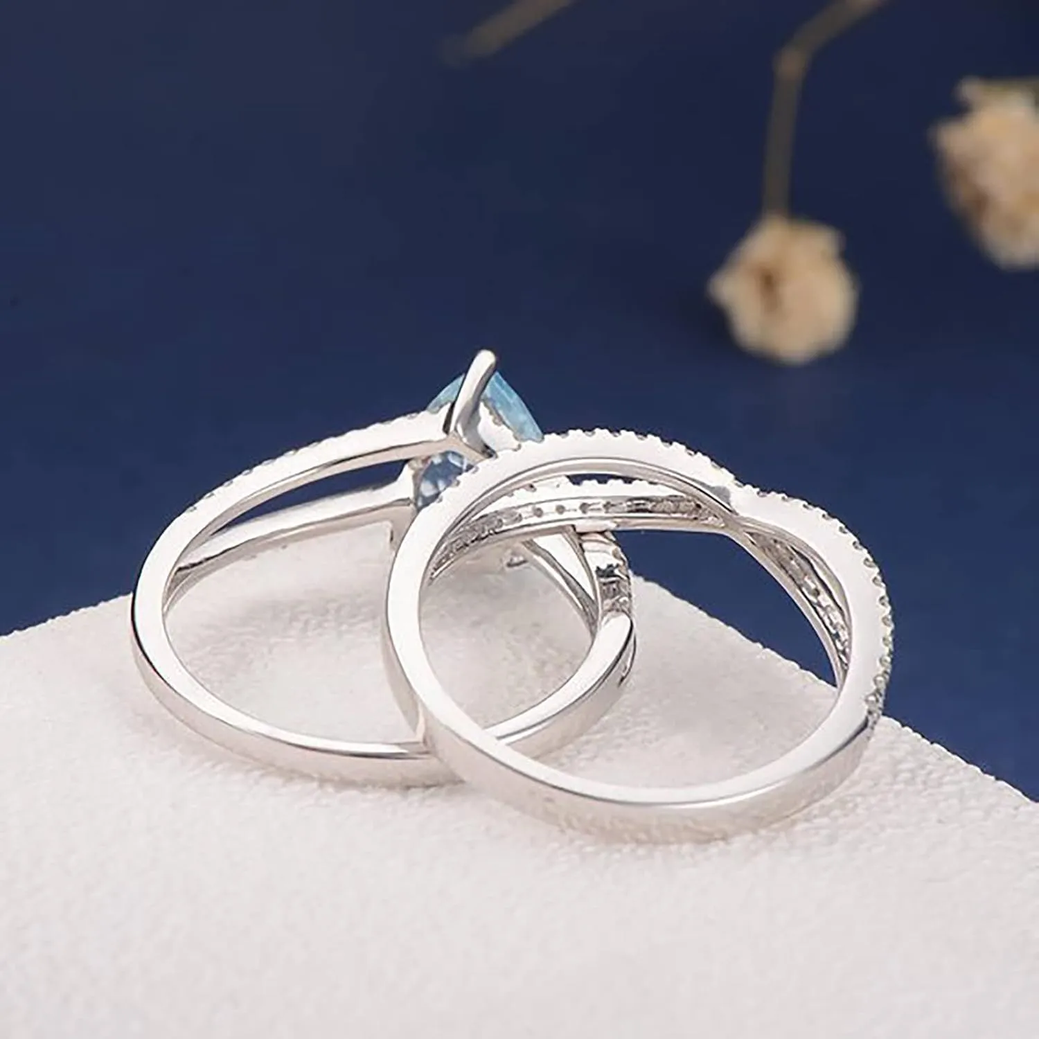 2PCS Simulated Diamond Ring Set for Women Zircon Stackable Rings Bride Wedding Band (Light Blue, 9)