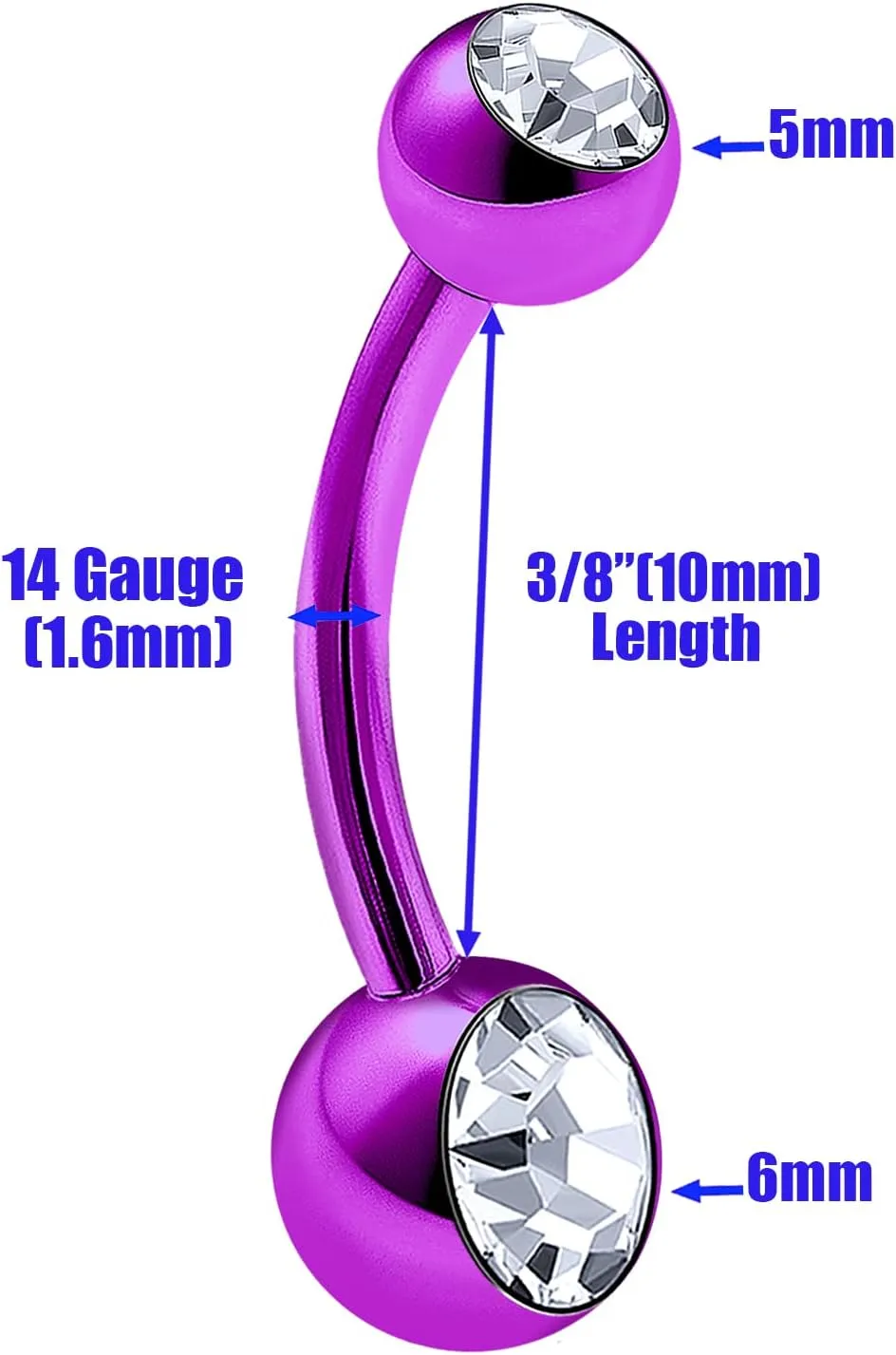 2Pcs Titanium G23 14g Belly Button Rings Piercing Jewelry navel Ear Lobe Earring 6mm 5mm Clear Crystal Ball More Choices