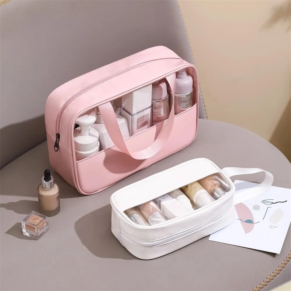 3 Pcs Cosmetic Bag Set Large Capacity Travel Toiletry Bag Waterproof Makeup Bag Cute Floral Clear Toiletry Bag Skincare Bag with Handle Travel Organizer for Accessories (White)