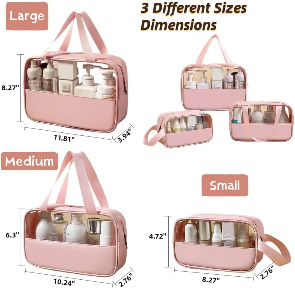 3 Pcs Cosmetic Bag Set Large Capacity Travel Toiletry Bag Waterproof Makeup Bag Cute Floral Clear Toiletry Bag Skincare Bag with Handle Travel Organizer for Accessories (White)