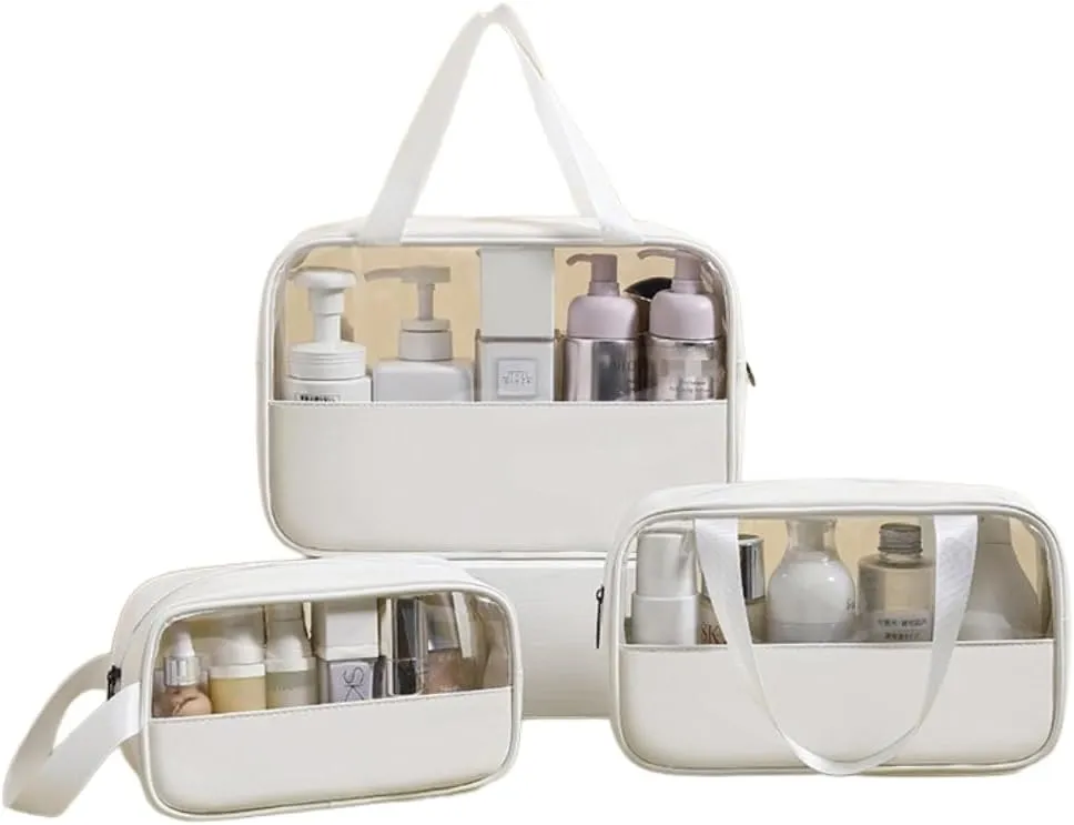 3 Pcs Cosmetic Bag Set Large Capacity Travel Toiletry Bag Waterproof Makeup Bag Cute Floral Clear Toiletry Bag Skincare Bag with Handle Travel Organizer for Accessories (White)