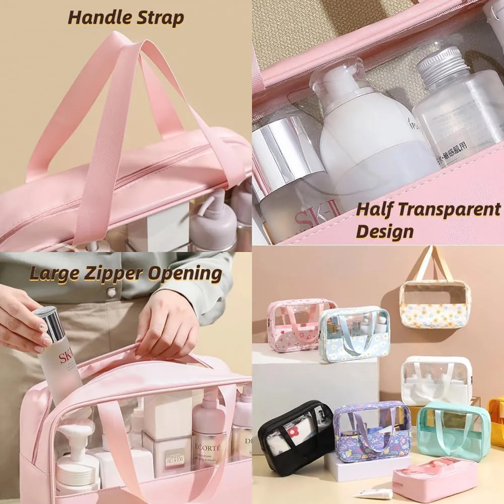 3 Pcs Cosmetic Bag Set Large Capacity Travel Toiletry Bag Waterproof Makeup Bag Cute Floral Clear Toiletry Bag Skincare Bag with Handle Travel Organizer for Accessories (White)
