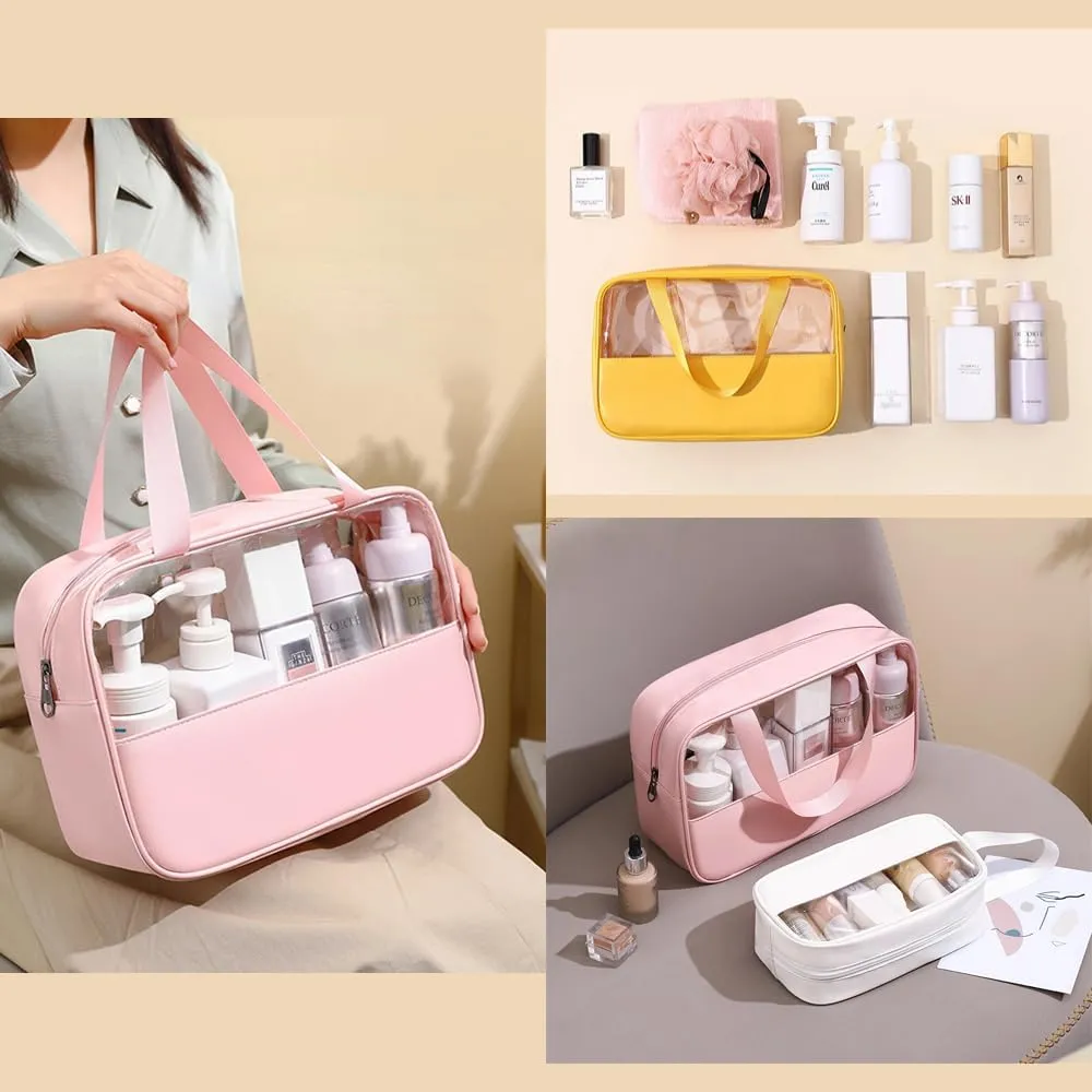 3 Pcs Cosmetic Bag Set Large Capacity Travel Toiletry Bag Waterproof Makeup Bag Cute Floral Clear Toiletry Bag Skincare Bag with Handle Travel Organizer for Accessories (White)