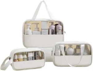 3 Pcs Cosmetic Bag Set Large Capacity Travel Toiletry Bag Waterproof Makeup Bag Cute Floral Clear Toiletry Bag Skincare Bag with Handle Travel Organizer for Accessories (White)