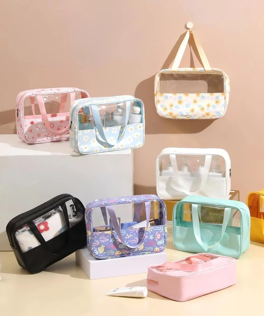 3 Pcs Cosmetic Bag Set Large Capacity Travel Toiletry Bag Waterproof Makeup Bag Cute Floral Clear Toiletry Bag Skincare Bag with Handle Travel Organizer for Accessories (White)