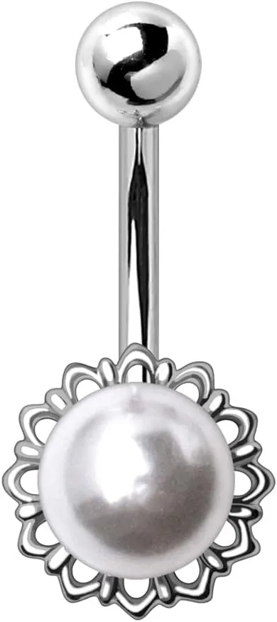 316L Stainless Steel White Faux Pearl Navel Ring 14GA