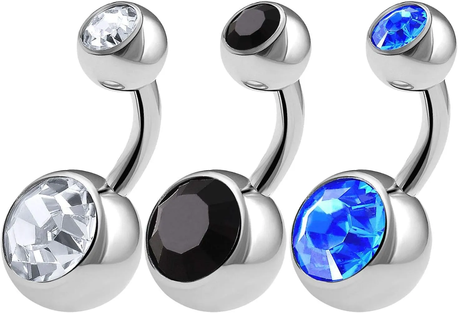 3PCS 316L Surgical Steel Shallow Belly Button Rings Studs 14 Gauge 1/4 6mm Clear Jet Sapphire Short Navel Bars Jewelry 0627