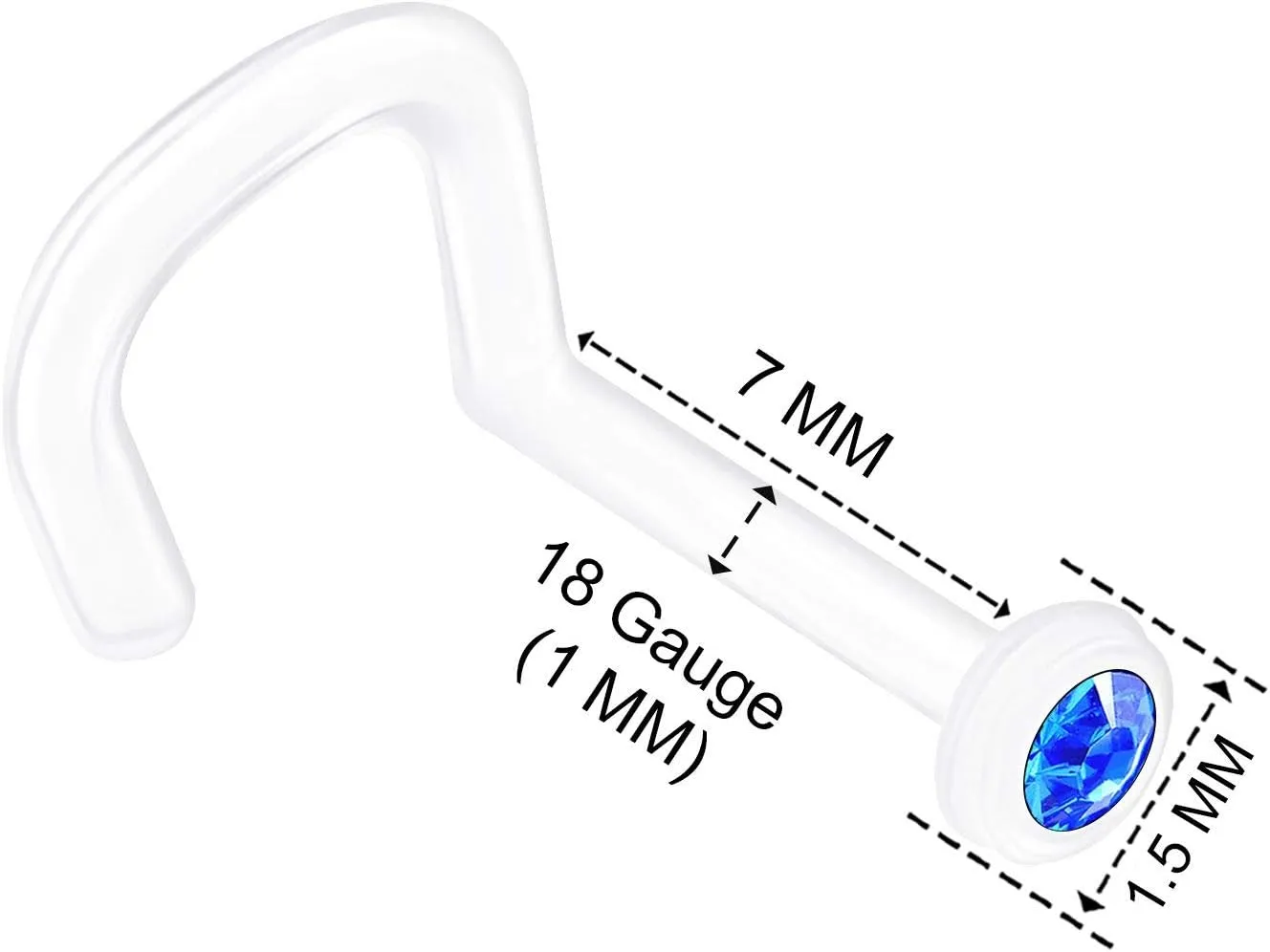 3PCS Flexible Acrylic Nose Screw 18 Gauge 7mm Clear Aurora Borealis Crystal Nostril Stud Ring Piercing - See More Colors