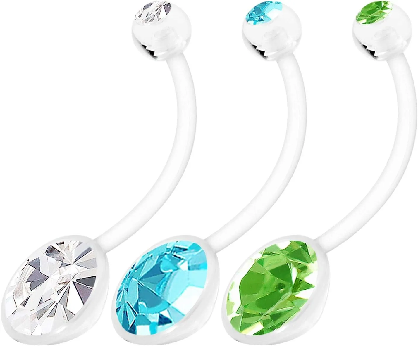 3PCS Flexible Bioflex Long Belly Button Rings 14g 19mm Clear Aquamarine Peridot Crystal Pregnancy Navel Piercing Jewelry 1217