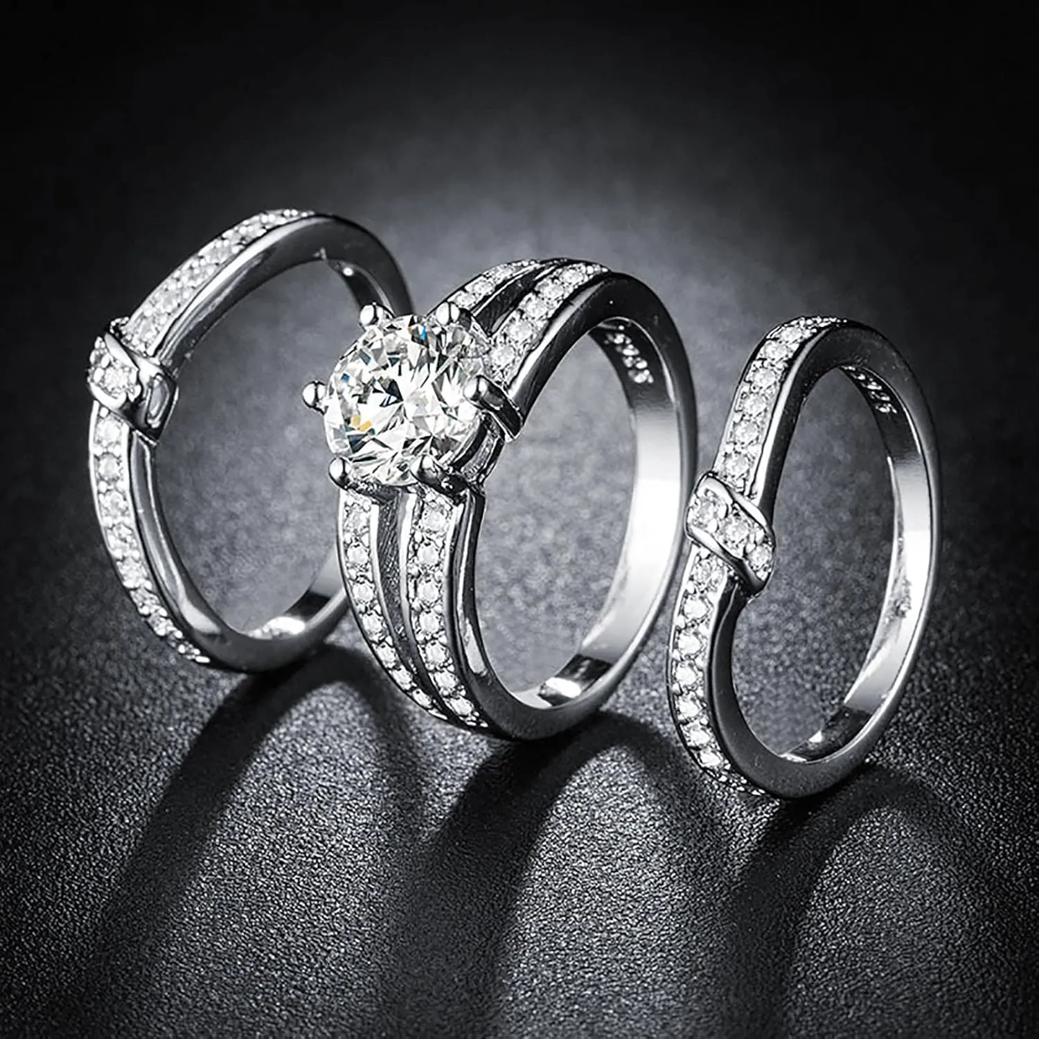 3PCS Simulated Diamond Rings Set for Women Stackable Rings Bride Wedding Band (Silver, 8)