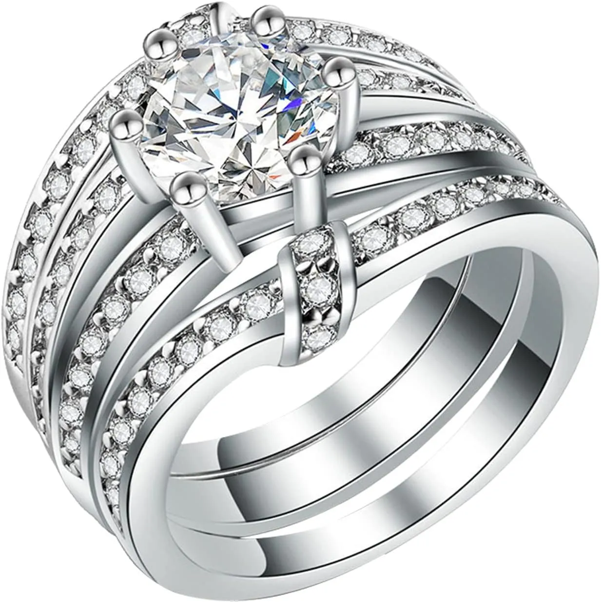 3PCS Simulated Diamond Rings Set for Women Stackable Rings Bride Wedding Band (Silver, 8)