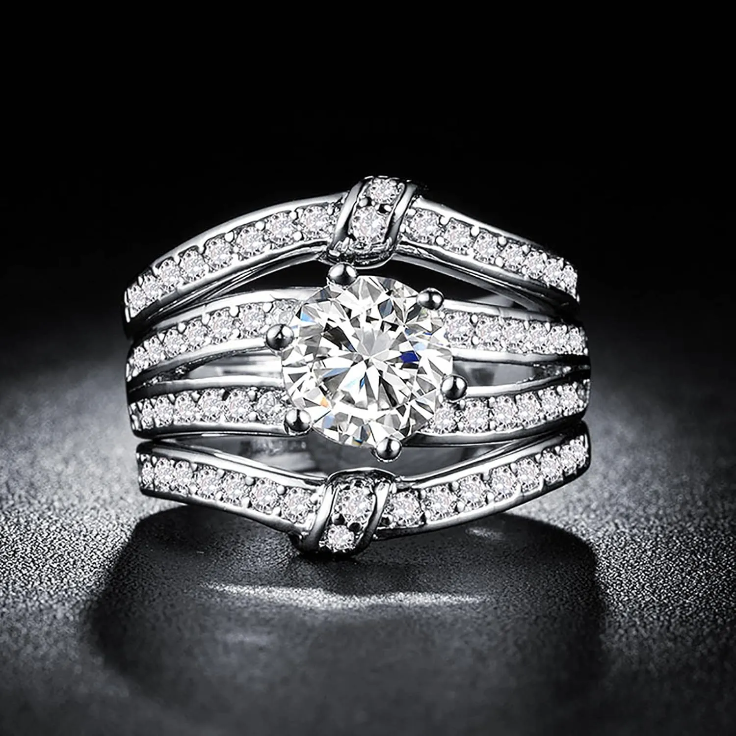 3PCS Simulated Diamond Rings Set for Women Stackable Rings Bride Wedding Band (Silver, 8)