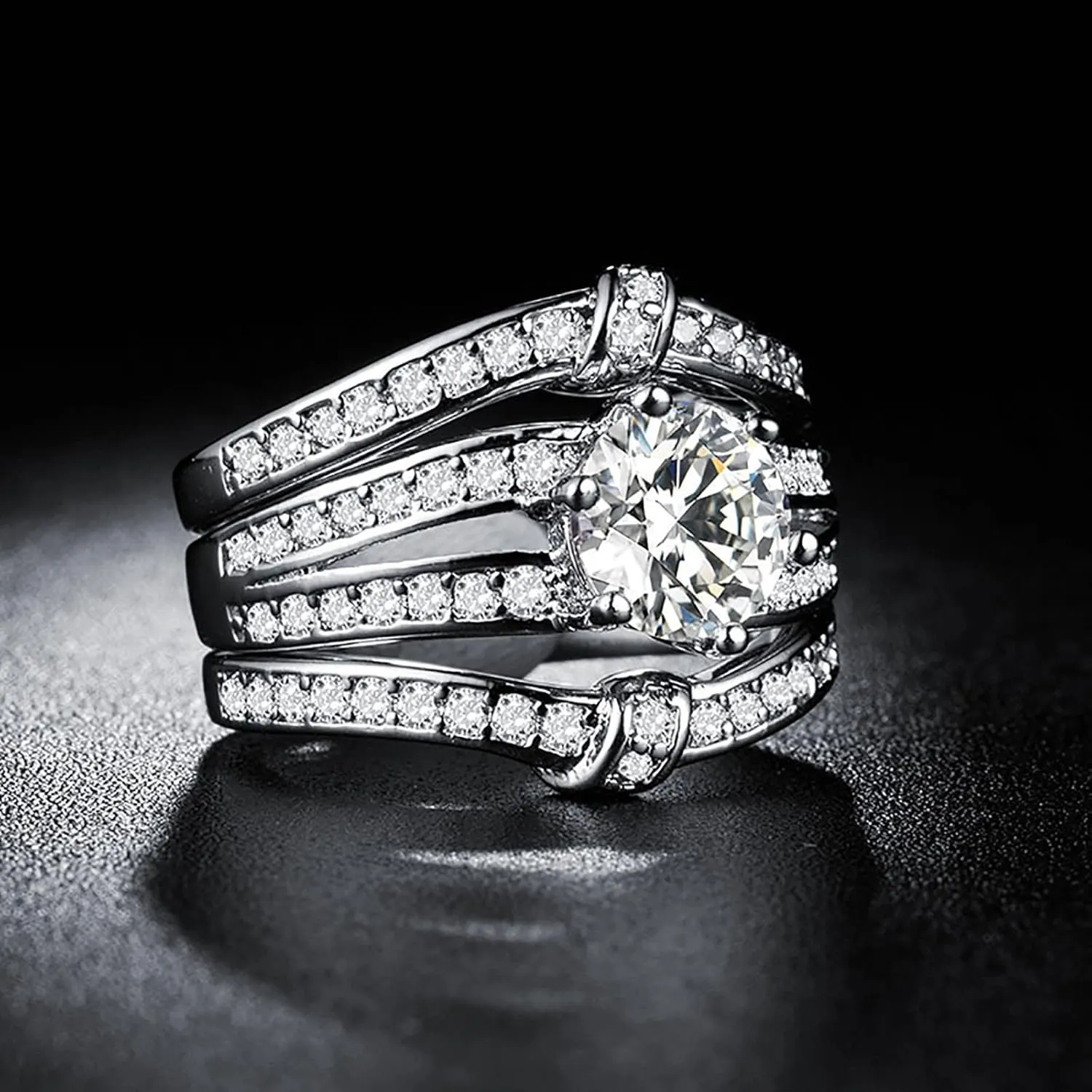 3PCS Simulated Diamond Rings Set for Women Stackable Rings Bride Wedding Band (Silver, 8)