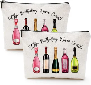50th Birthday Wine Crawl Gifts Makeup Bag, Tavel Small Comestic Bag with Zipper, Funny Makeup Comestic Organizer Bags for Women, 50Year Old Woman Birthday Party Favors Supplies Gift Ideas for Mom 2pcs