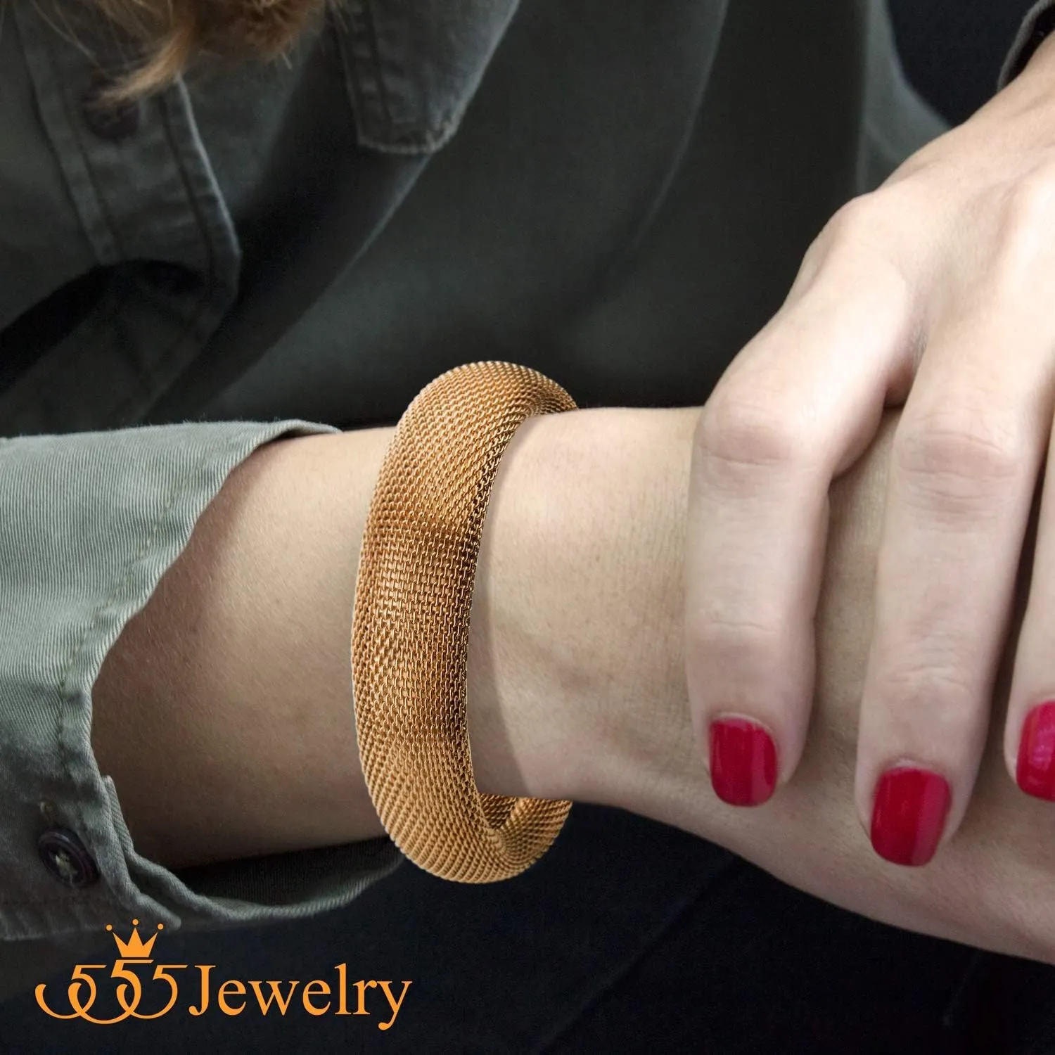 555Jewelry Stainless Steel Womens Trendy Mesh Wrap Open Cuff Bangle Bracelet