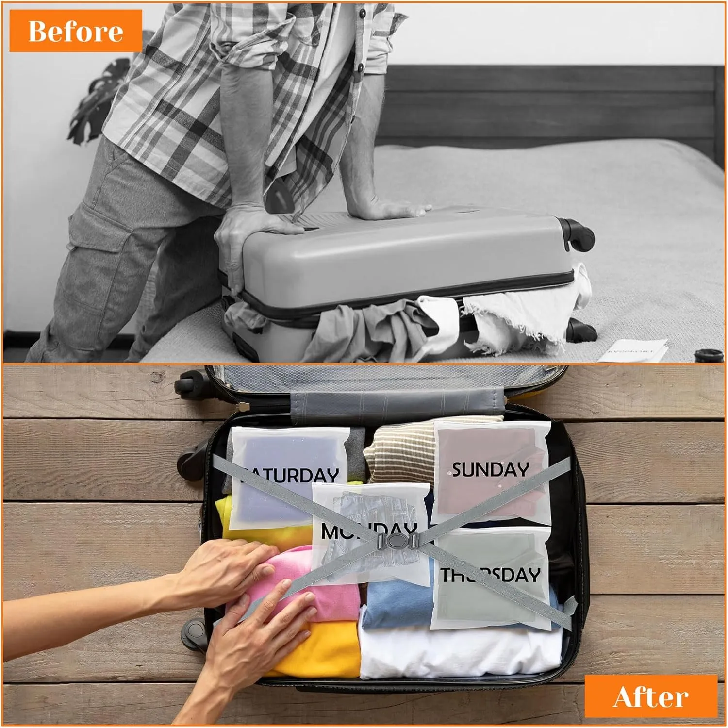7pcs Clothes Packaging Bags for Travel, Travel Luggage Organizer Bags Packing Organizers Days of Week Travels Pouches for Family Vacations Summer Camp(10.6 x 9.3inch)