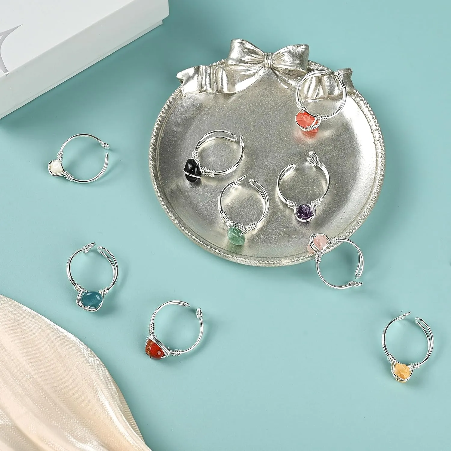 9 PCS Healing Crystal Ring, Adjustable Wire Wrapped Rings Irregular Gemstone Rings Set for Women