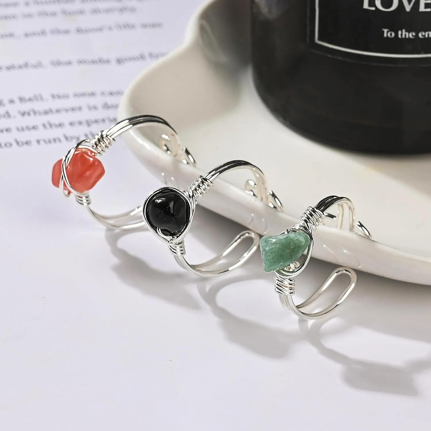 9 PCS Healing Crystal Ring, Adjustable Wire Wrapped Rings Irregular Gemstone Rings Set for Women