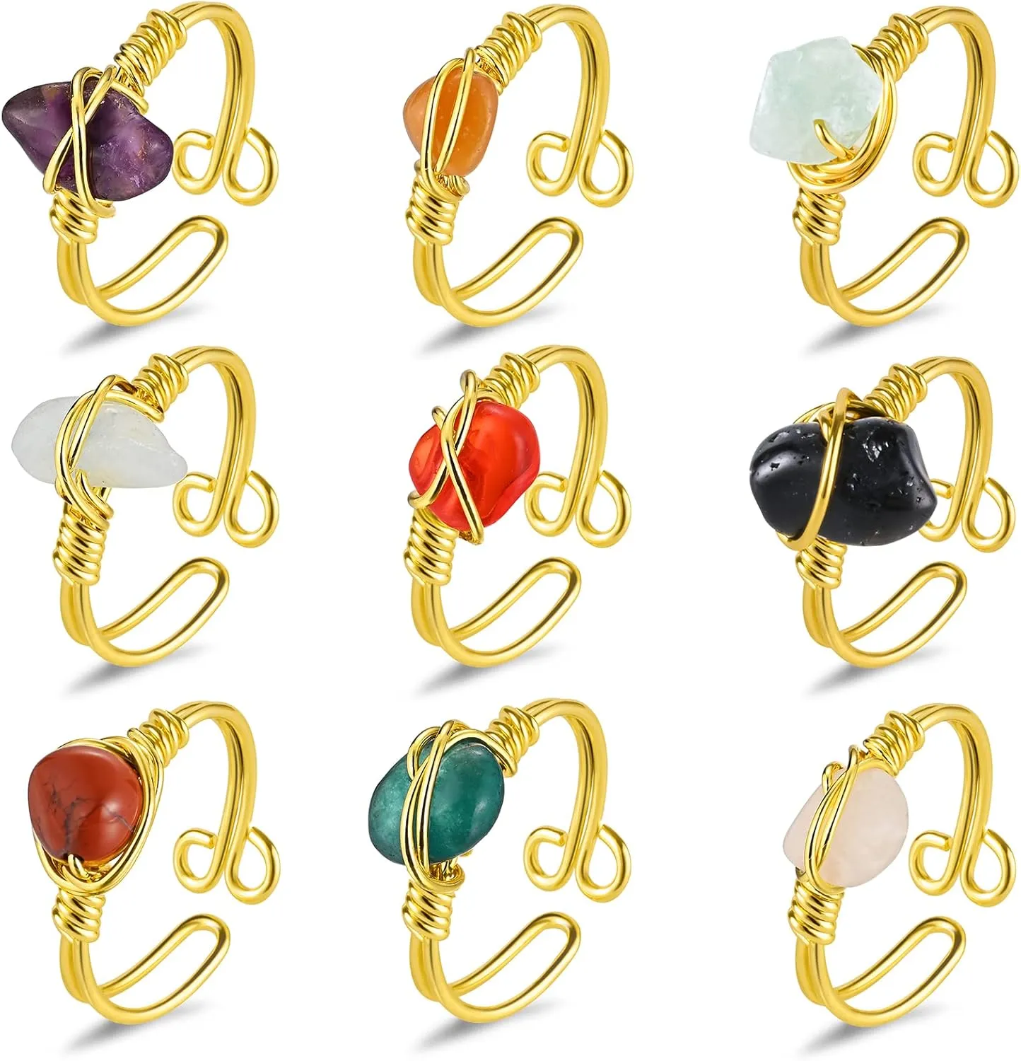 9 PCS Healing Crystal Ring, Adjustable Wire Wrapped Rings Irregular Gemstone Rings Set for Women