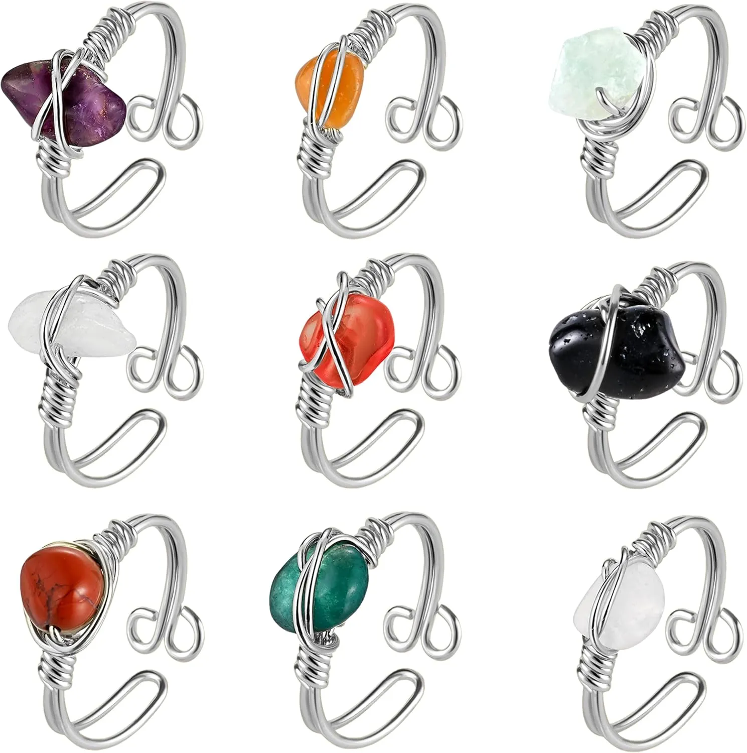 9 PCS Healing Crystal Ring, Adjustable Wire Wrapped Rings Irregular Gemstone Rings Set for Women