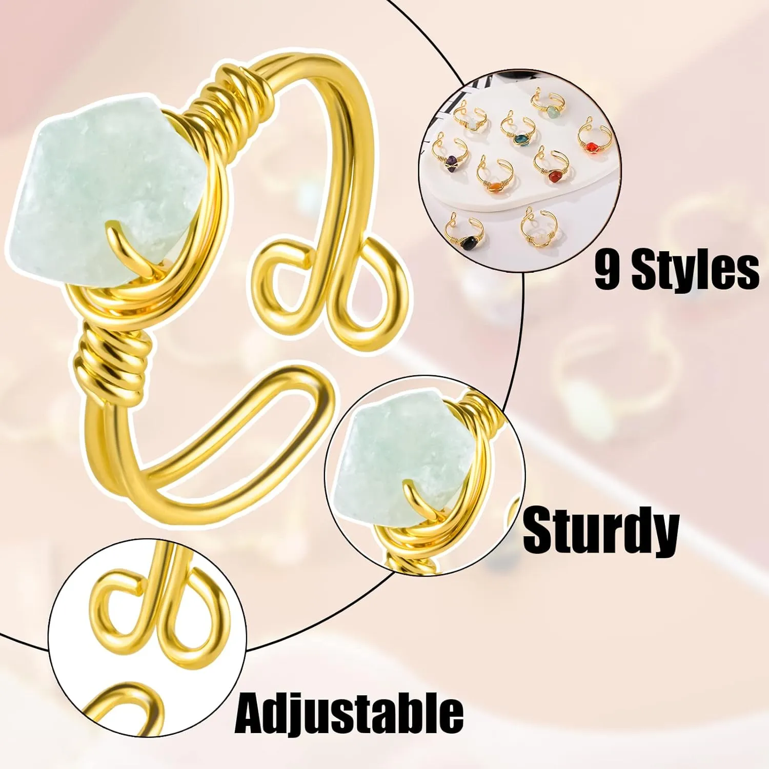 9 PCS Healing Crystal Ring, Adjustable Wire Wrapped Rings Irregular Gemstone Rings Set for Women