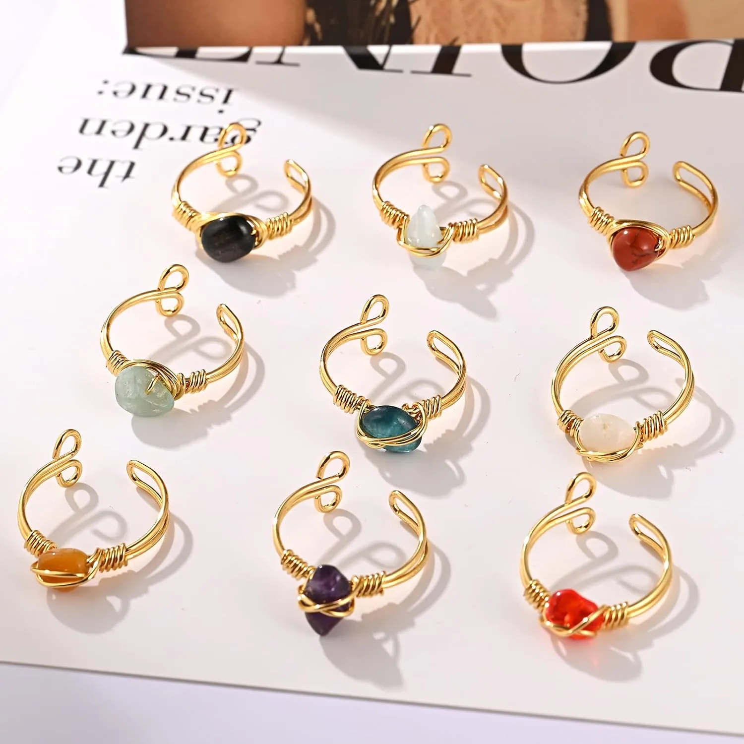 9 PCS Healing Crystal Ring, Adjustable Wire Wrapped Rings Irregular Gemstone Rings Set for Women